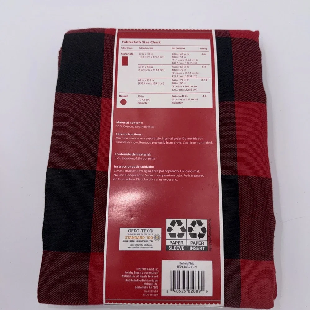 Holiday Time Fabric Tablecloth 52 in x 70 in Rectangle Red‎ Black Plaid